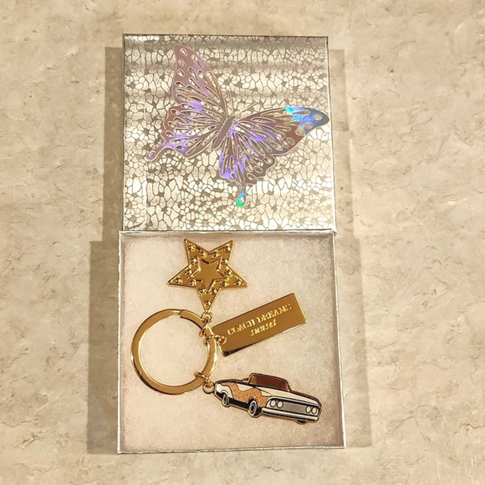 COACH DREAMERS SUNSET PINK CADILLAC GOLD STAR & BANNER KEY CHAIN / BAG CHARM